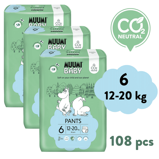 MUUMI BABY Pants 6 Junior 12-20 kg měsíční balení kalhotkových eko plen 108 ks