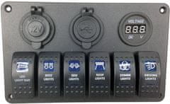 HADEX Panel PN-L6S3 se 6 vypínači, napájecí zdířkou, 2x USB a V-metrem