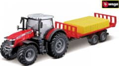 BBurago  10cm Farm tractor Messey Ferguson 8740S s přívěsem na balíky