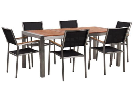 Beliani Zahradní sada eukalyptový dřevěný stůl a 6 černých židlí GROSSETO