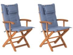 Beliani Sada 2 dřevěných zahradních židlí s modrými polštáři MAUI