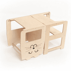 Tuktuk Dětská učící věž 3v1 s kreslící tabulí rozložitelná na stoleček se židličkou - Kočička, Přírodní