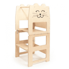 Tuktuk Dětská učící věž 3v1 s kreslící tabulí rozložitelná na stoleček se židličkou - Kočička, Přírodní