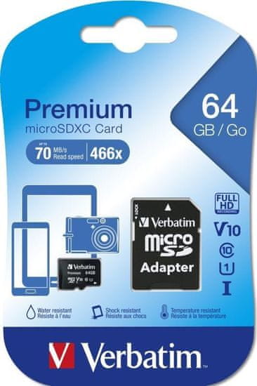 Verbatim SDXC 64GB micro paměťová karta PREMIUM UHS-I (U1) (70MB/s), V10, Class 10 + adapter