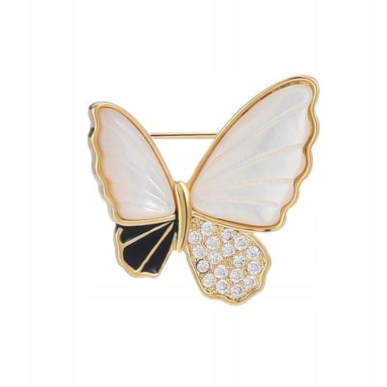 Pinets® Brož pozlacená 14K zlatem černý a bílý motýl z perleti