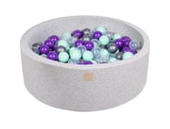 MeowBaby® Kuličkový bazén 90X30cm/200 kuliček, 7Compour Hračky pro batolata z kulaté pěny Vyrobeno v EU Světle šedá: mátová/průhledná/stříbrná/fialová