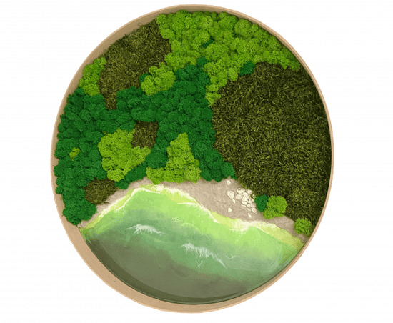 ProfiMech Kulatý mechový obraz s epoxidovou pryskyřicí - zátoka - sobí a plochý mech - dřevěný přírodní rám