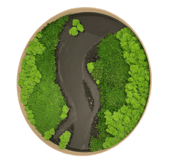 Kulatý mechový obraz s epoxidovou pryskyřicí - řeka - sobí a plochý mech - dřevěný přírodní rám, 60 cm