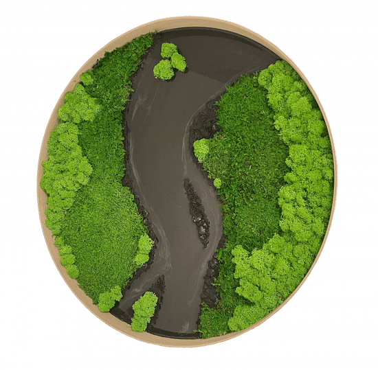ProfiMech Kulatý mechový obraz s epoxidovou pryskyřicí - řeka - sobí a plochý mech - dřevěný přírodní rám
