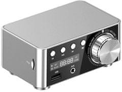 HADEX Zesilovač 2.0 2x25W s AUX IN, Bluetooth, USB, SD kartou stříbrný