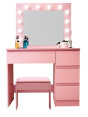 Aga Toaletní stolek se zrcadlem, osvětlením a el.zásuvkou + taburet Růžový