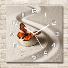 Wallmuralia Skleněné hodiny čtverec Kámen zen a motýl bílé 30x30 cm