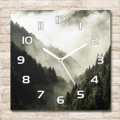 Wallmuralia Skleněné hodiny na stěnu Mlha nad lesem bílé 30x30 cm