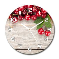 Wallmuralia Skleněné hodiny kulaté Višně na dřevě bílé fi 30 cm