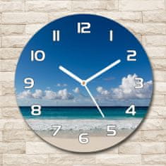Wallmuralia Skleněné hodiny kulaté Pláž Seychely bílé fi 30 cm