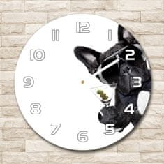 Wallmuralia Skleněné hodiny kulaté Pes s martini bílé fi 30 cm