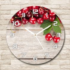 Wallmuralia Skleněné hodiny kulaté Višně na dřevě bílé fi 30 cm