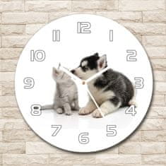 Wallmuralia Skleněné hodiny kulaté Pes a kočka bílé fi 30 cm