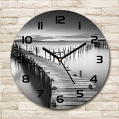 Wallmuralia Skleněné hodiny na stěnu Dřevěné molo černé fi 30 cm