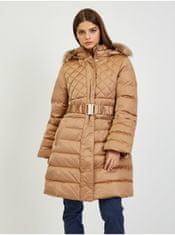 Guess Hnědý dámský péřový zimní kabát s odepínací kapucí a kožíškem Guess Lolie XS