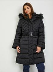 Guess Černý dámský péřový zimní kabát s odepínací kapucí a kožíškem Guess Lolie S