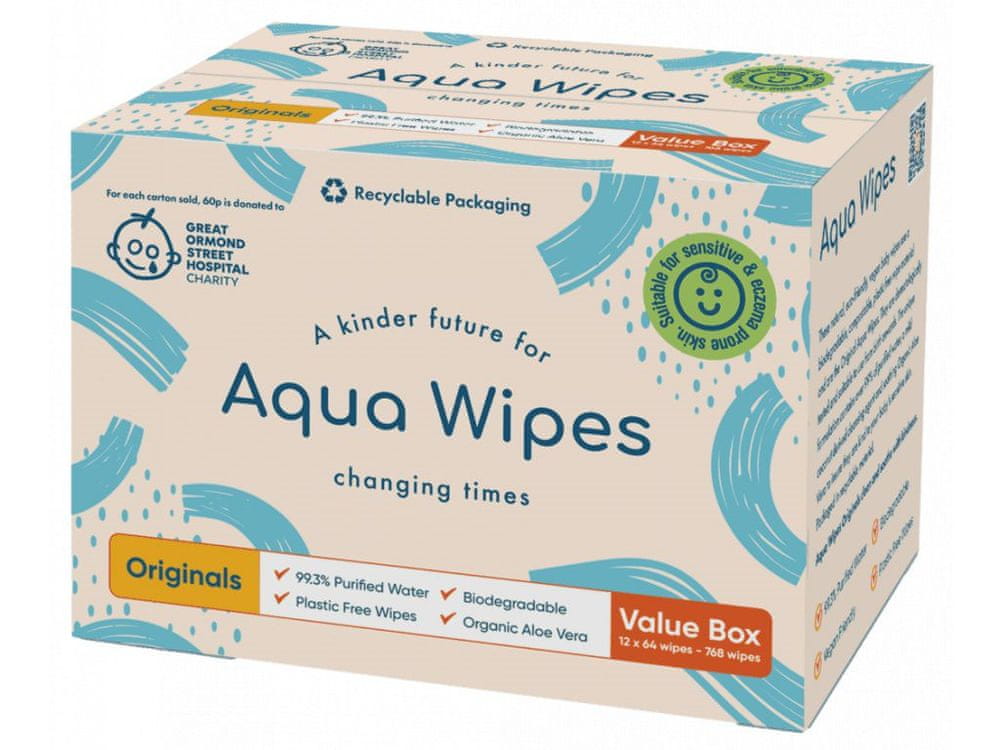 Levně Aqua Wipes BIO Aloe VBIO Aloe Vera 100% rozložitelné ubrousky, 99% vody 12x64ks