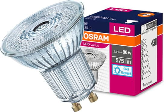 Osram LED žárovka GU10 6,9W = 80W 575lm 6500K Studená bílá 36°