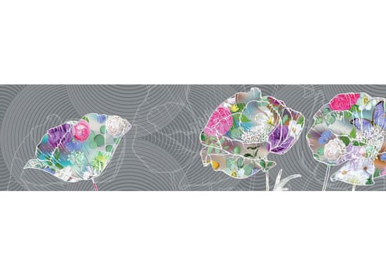 AG Design Samolepicí bordura Barevné květy na šedém podkladu 5 M X 13,8 CM