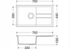 PSB Granitový dřez s 1 mísou šedý se sifonem 76 x 44 cm