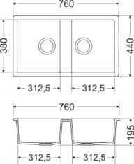 PSB Granitový dřez dvoukomorový se 2 mísami šedý 76 x 44 cm Bravo