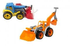 Teddies Traktor/nakladač/bagr se 2 lžícemi plast na volný chod v síťce 16x35x16cm