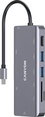 Canyon replikátor portů DS-11 9v1, 1xUSB-C PD 100W, 1xHDMI (4K), 3xUSB-A, RJ45 Gb, 3.5mm jack,