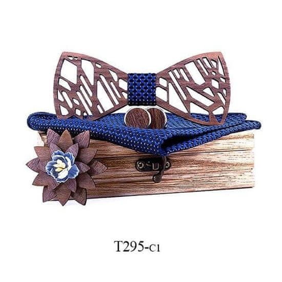 Mahoosive  Dřevěný motýlek s kapesníčkem a manžetovými knoflíčky T295