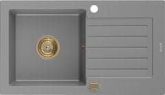 Mexen Pablo granitový dřez 1-miska s odkapávačem 752 x 436 mm, šedý, zlatý sifon (6510751010-71-G)