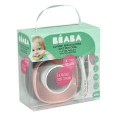 Béaba BEABA, silikonový box na dětskou stravu s přísavkou, protiskluzový, 4 kusy, talířek + miska + sklenička + lžička, eukalyptus