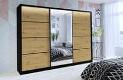 Nejlevnější nábytek Šatní skříň HARAZIA 250 se zrcadlem, 4 šuplíky a 2 šatními tyčemi, černý mat/dub artisan