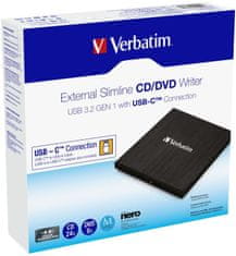 Verbatim DVD/CD Externí Slimline vypalovačka, USB-C 3.2, černá,