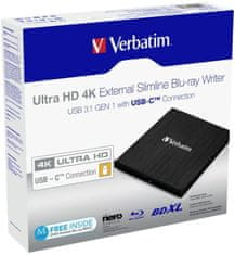 Verbatim Blu-ray externí Ultra HD 4K Slimline vypalovačka, USB-C, černá,