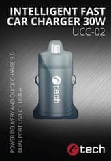 C-Tech nabíječka do auta, USB-A, USB-C, 30W, PD 3.0, QC 3.0, hliníkové tělo