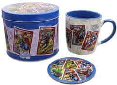 CurePink Dárkový set v plechové krabičce Marvel Comics: Retro Collector Cards (objem hrnku 370 ml)