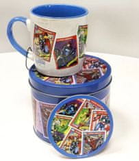 CurePink Dárkový set v plechové krabičce Marvel Comics: Retro Collector Cards (objem hrnku 370 ml)