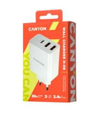 Canyon Nabíjčka do sítě H-08, Power delivery - 1x USB-C (Quick charge), 2xUSB A, bílá