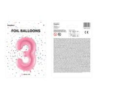PartyDeco Fóliový balónek Číslo 3 světle růžový 86cm