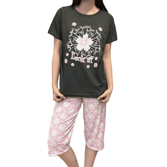RINDA Dámské pyžamo grafitová bavlna 3/4 kalhoty květina XL - 4XL