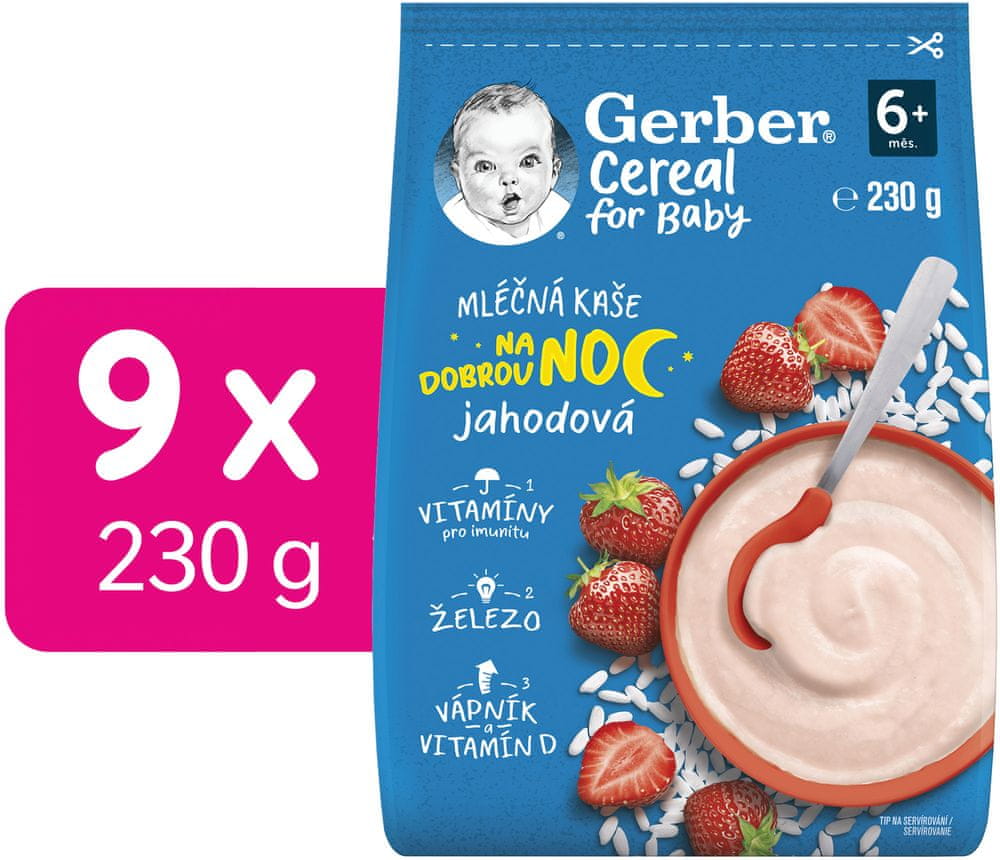 Levně Gerber Cereal mléčná kaše jahodová Dobrou noc 9x230 g