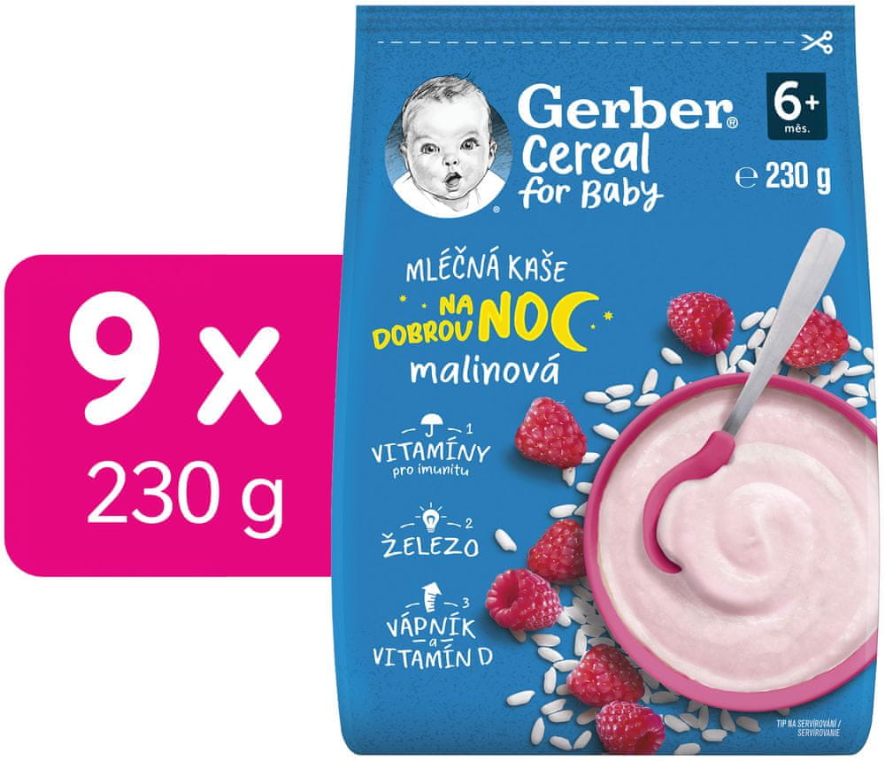 Levně Gerber Cereal mléčná kaše malinová Dobrou noc 9x230 g
