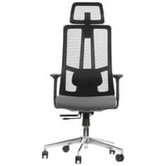 STEMA Otočná kancelářská židle AKCENT. Má chromovanou základnu a zdvih, nastavitelné područky, hlavovou a bederní opěrku. Nastavitelné sedadlo a opěradlo. Synchronní mechanismus. šedá/černá barva.