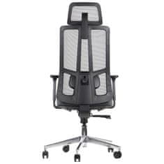 STEMA Otočná kancelářská židle AKCENT. Má chromovanou základnu a zdvih, nastavitelné područky, hlavovou a bederní opěrku. Nastavitelné sedadlo a opěradlo. Synchronní mechanismus. šedá/černá barva.