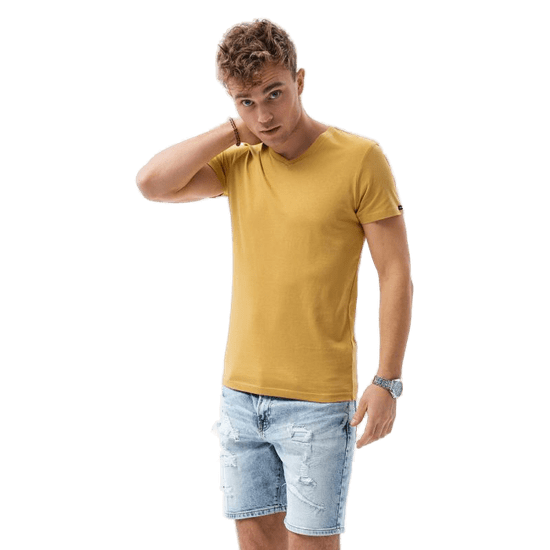 OMBRE Pánské jednobarevné tričko NORRIS hořčicová barva MDN23845