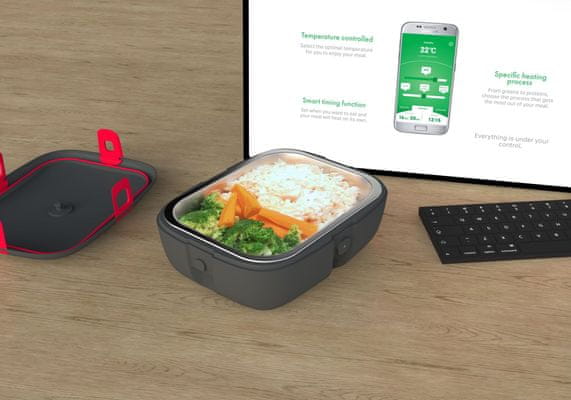Faitron HeatsBox STYLE+ chytrý vyhřívaný obědový box ohřívání jídla ohřívání obědu ohřev pokrmu na cestách ohřev pokrmu v práci ohřev bez mikrovlnky bez zráty vitamínů teplé stravování kravičky ohřevný box kvalitní materiály rovnoměrné prohřátí pokrmu ideální teplota teplé obědy smart domácnost ovládání mobilní aplikací doprovodná aplikace Bluetooth 5.0